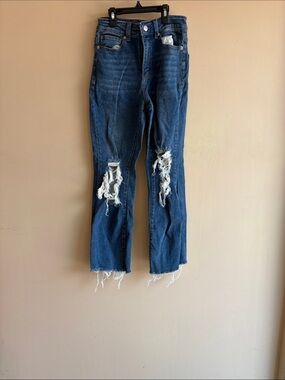 Forever 21 Dark Blue Distressed Straight-Leg Jeans